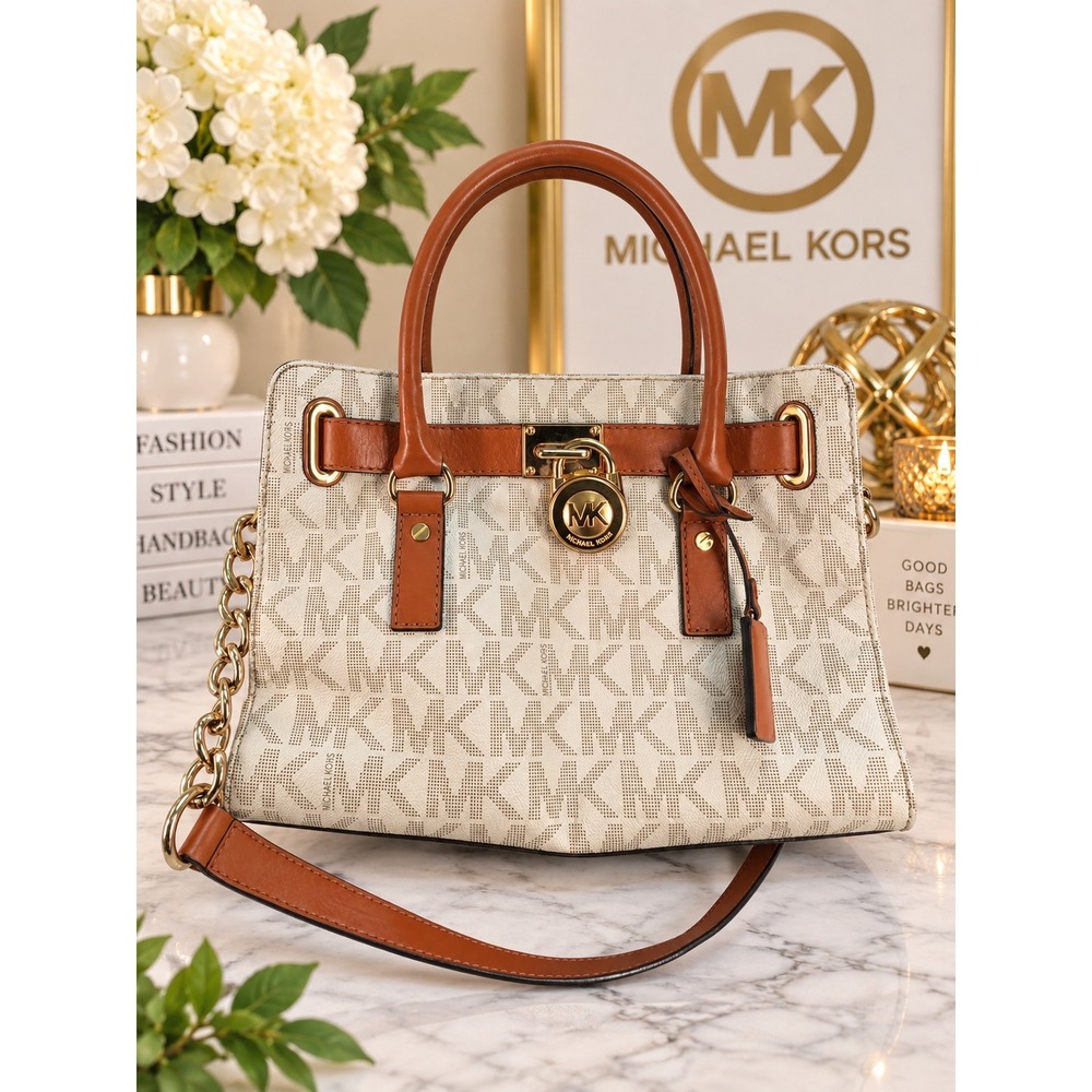 Michael Kors Hamilton Satchel Vanilla Monogram Leather Trim Gold Padlock Bag